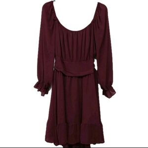 Women's XL Open Tie Back Off Shoulder Smocked Waist Lined Sheer Wine Dress